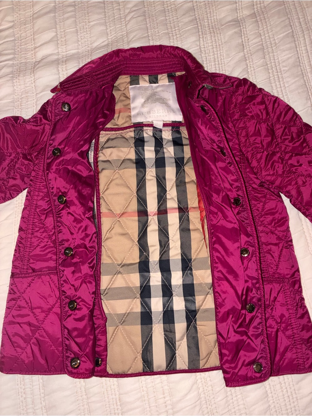 Burberry Girls' Magenta Quilted Puffer Jacket with Signature Check Lining